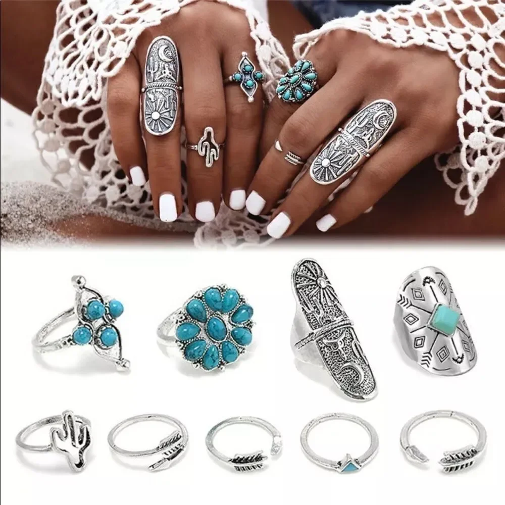 9pcs Boho Women ring set desert southwestern NEW silver tone